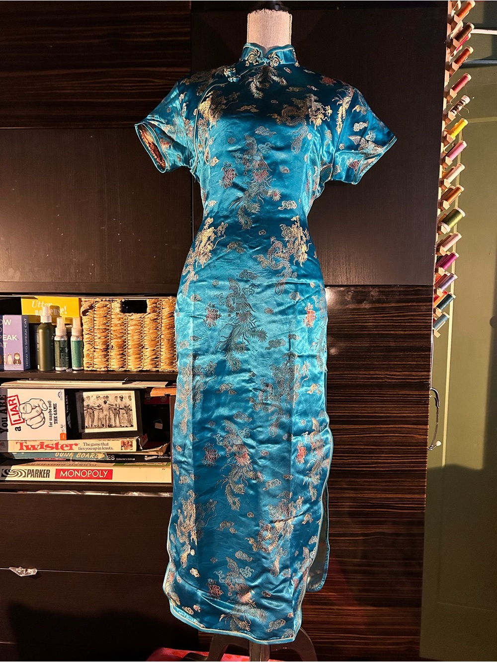 Turquoise Floral Brocade Satin Cheongsam Qipao Dress